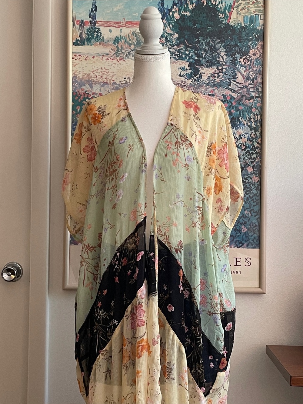 Y2K American Eagle Floral Patchwork Kimono Duster Sheer Open Front Boho Festival